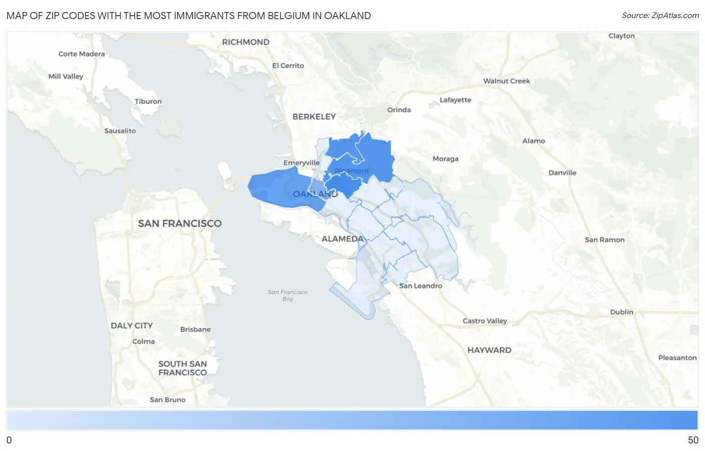 Zip Codes with the Most Immigrants from Belgium in Oakland Map
