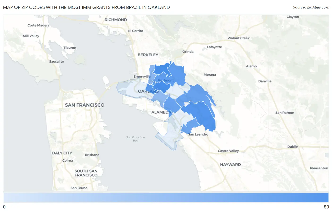 Zip Codes with the Most Immigrants from Brazil in Oakland Map