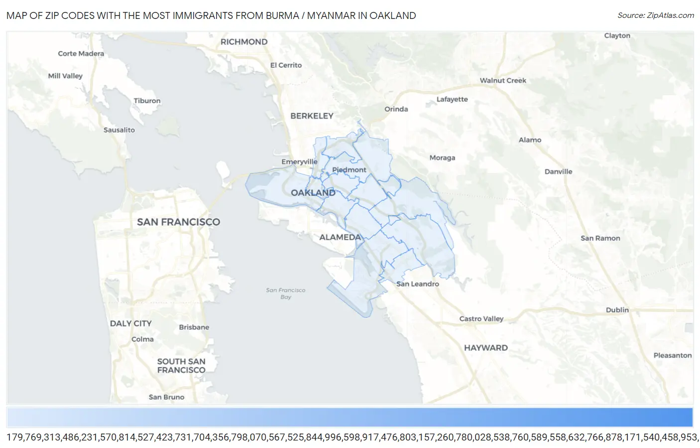 Zip Codes with the Most Immigrants from Burma / Myanmar in Oakland Map