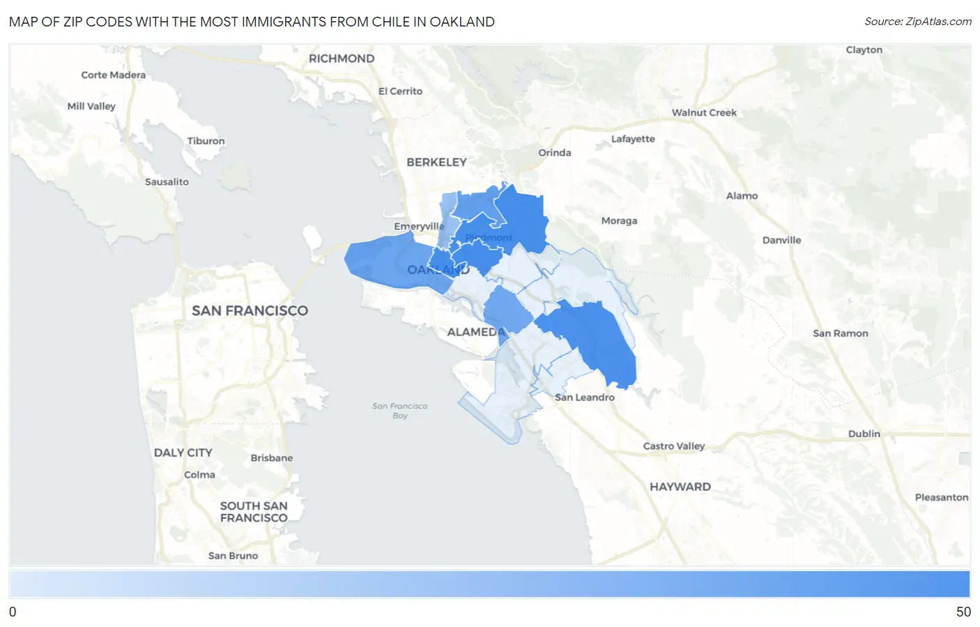 Zip Codes with the Most Immigrants from Chile in Oakland Map