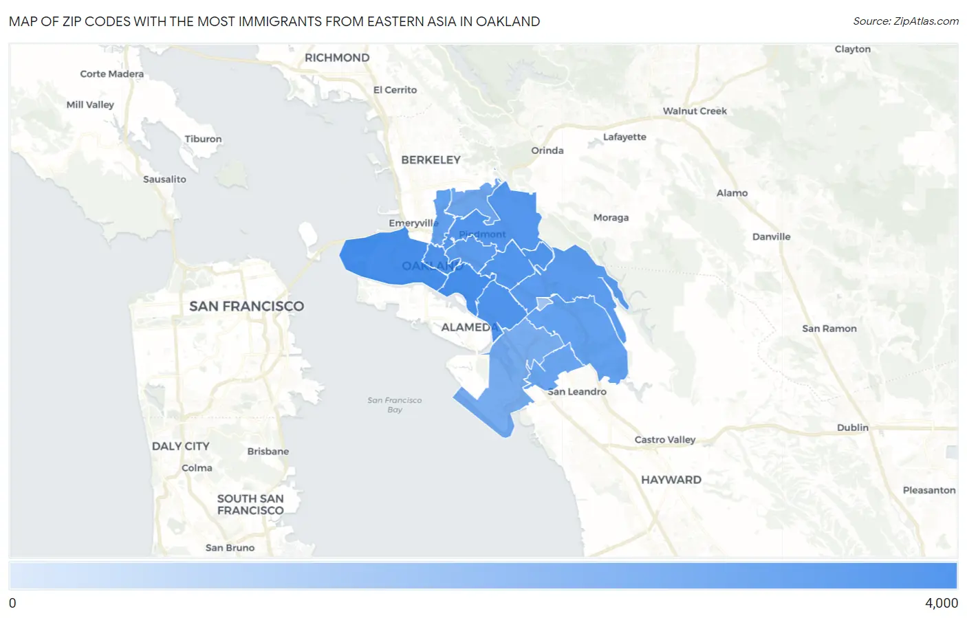 Zip Codes with the Most Immigrants from Eastern Asia in Oakland Map