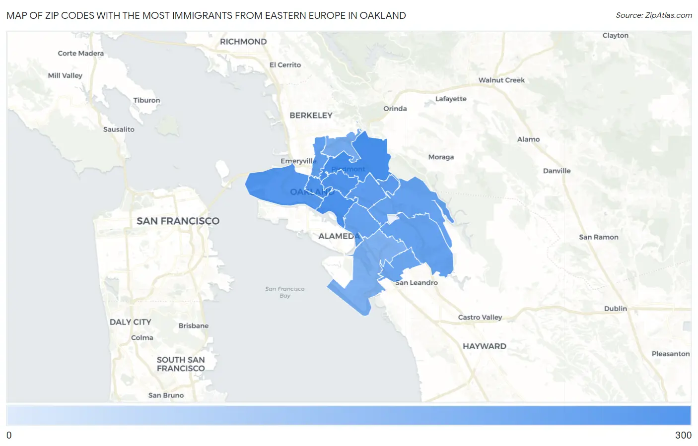 Zip Codes with the Most Immigrants from Eastern Europe in Oakland Map