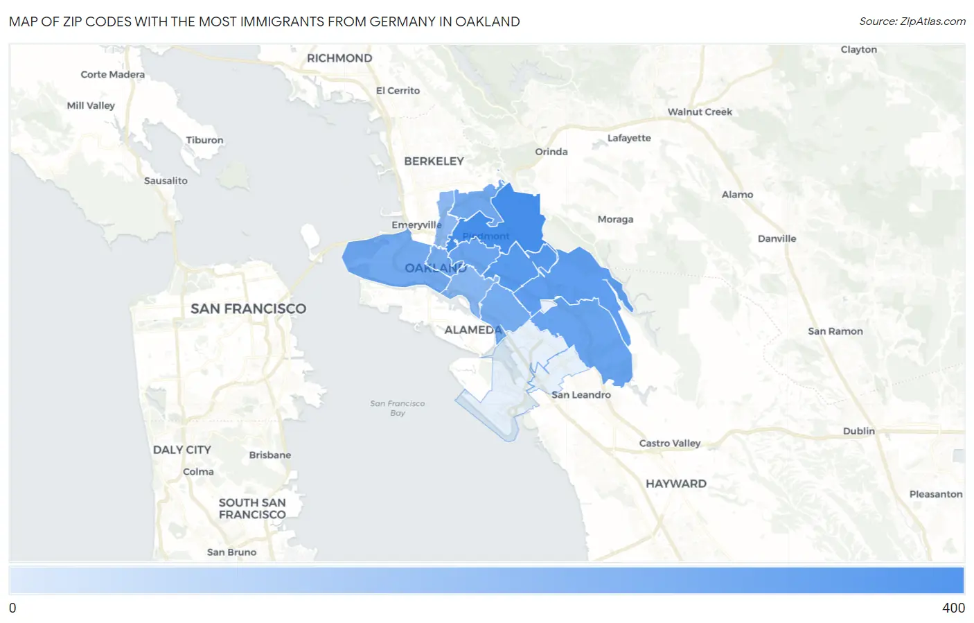Zip Codes with the Most Immigrants from Germany in Oakland Map