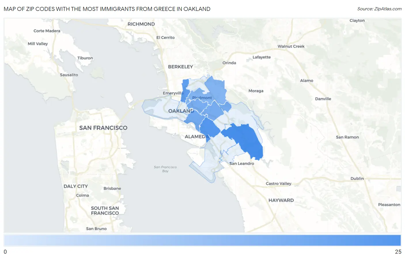 Zip Codes with the Most Immigrants from Greece in Oakland Map