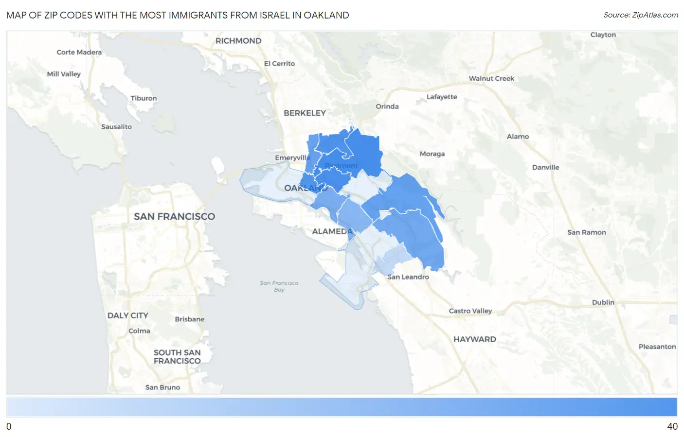 Zip Codes with the Most Immigrants from Israel in Oakland Map