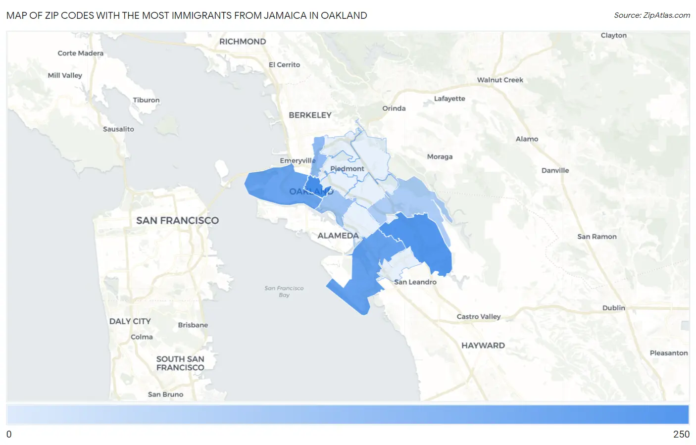 Zip Codes with the Most Immigrants from Jamaica in Oakland Map