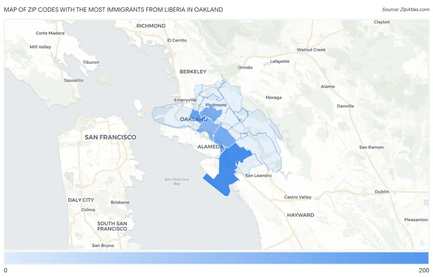 Zip Codes with the Most Immigrants from Liberia in Oakland Map