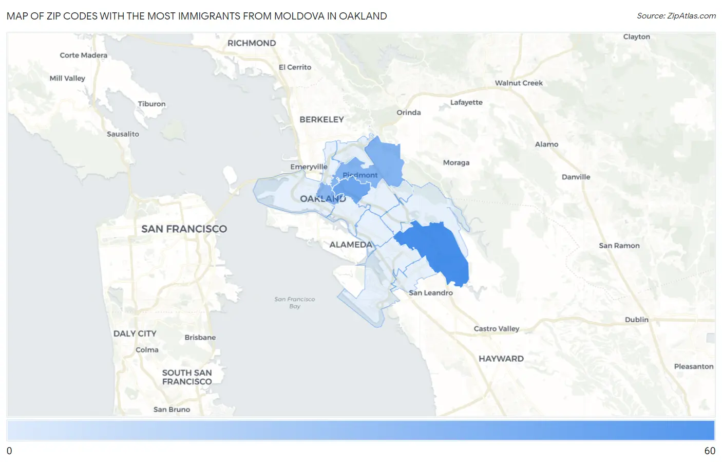 Zip Codes with the Most Immigrants from Moldova in Oakland Map