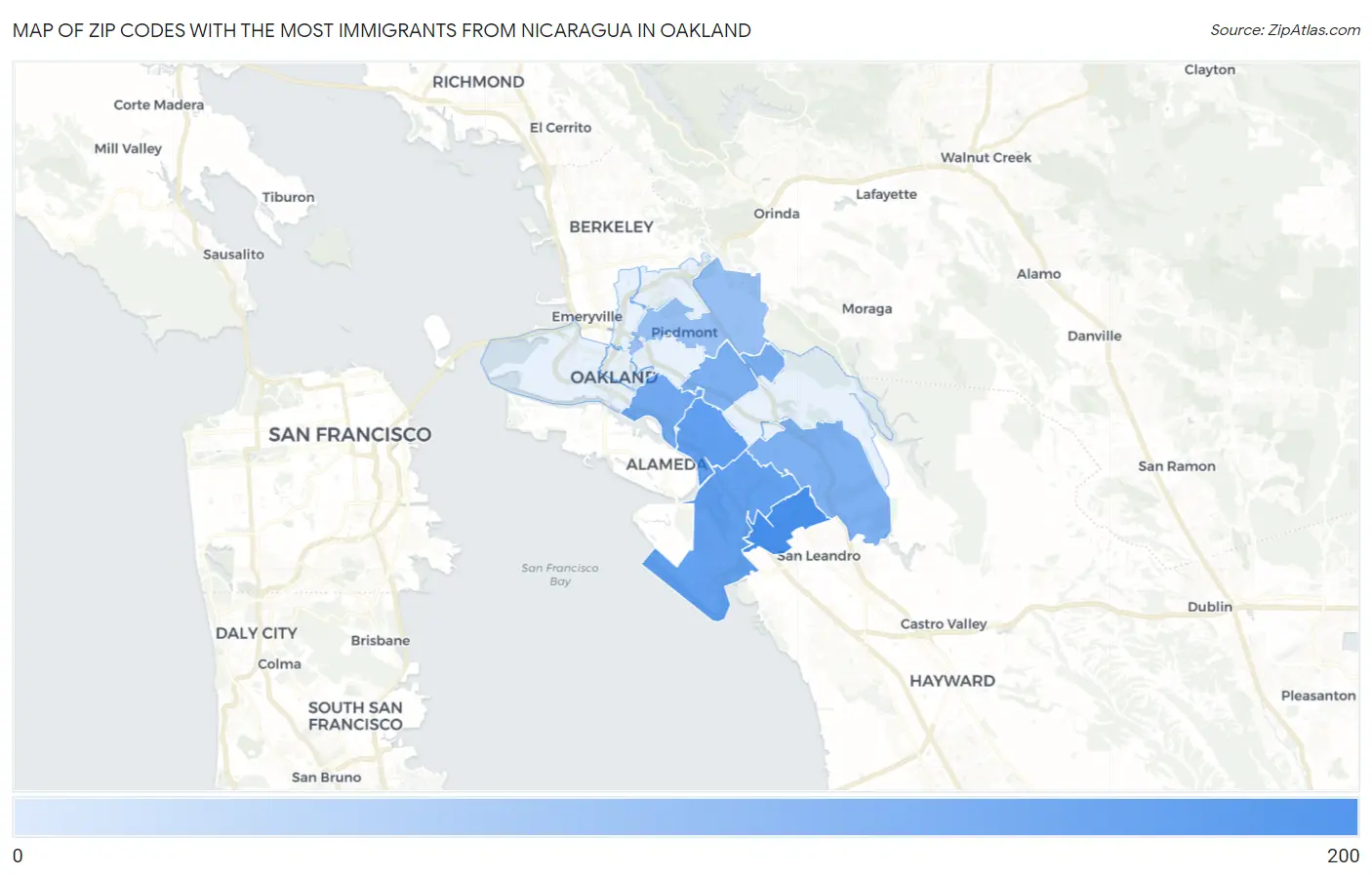 Zip Codes with the Most Immigrants from Nicaragua in Oakland Map