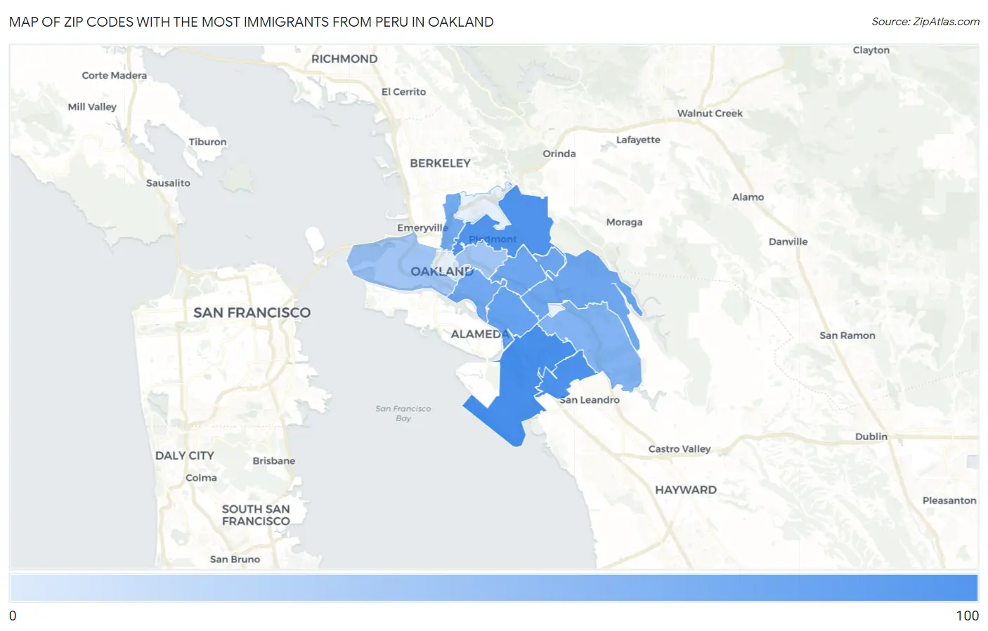 Zip Codes with the Most Immigrants from Peru in Oakland Map