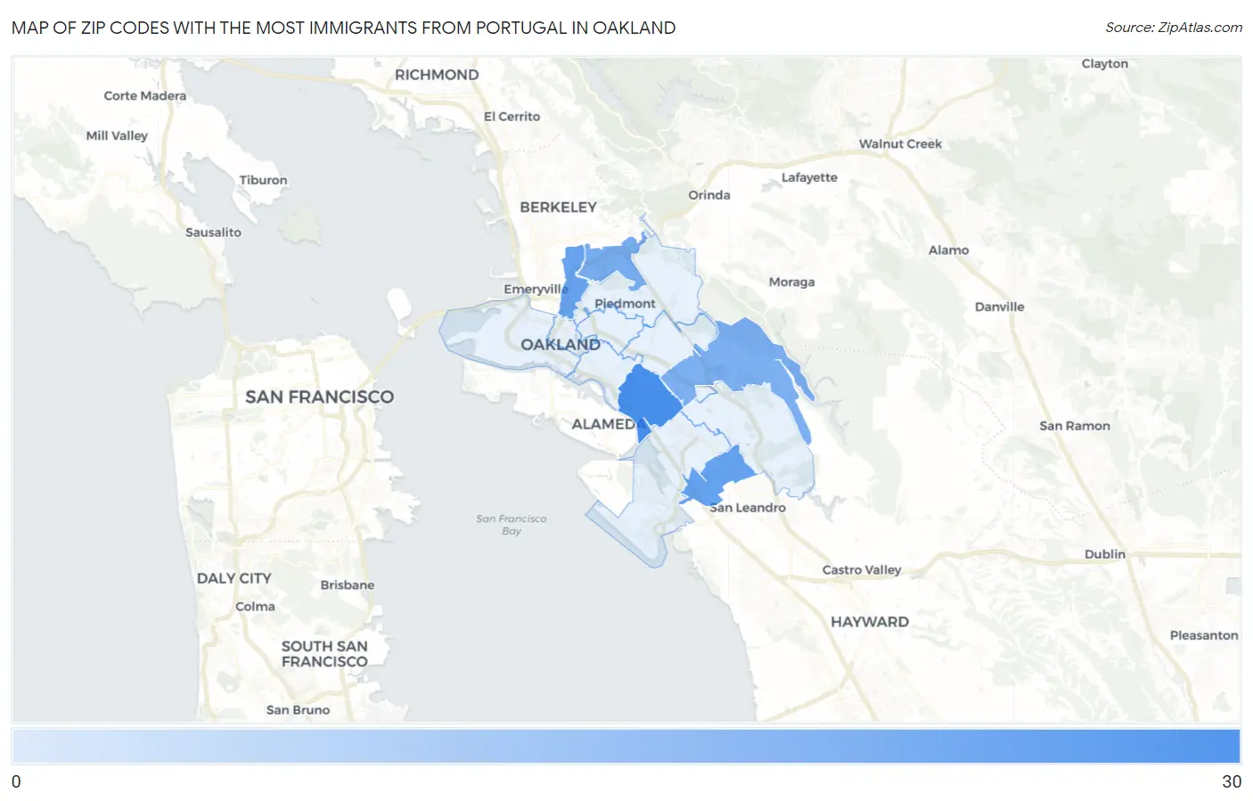 Zip Codes with the Most Immigrants from Portugal in Oakland Map