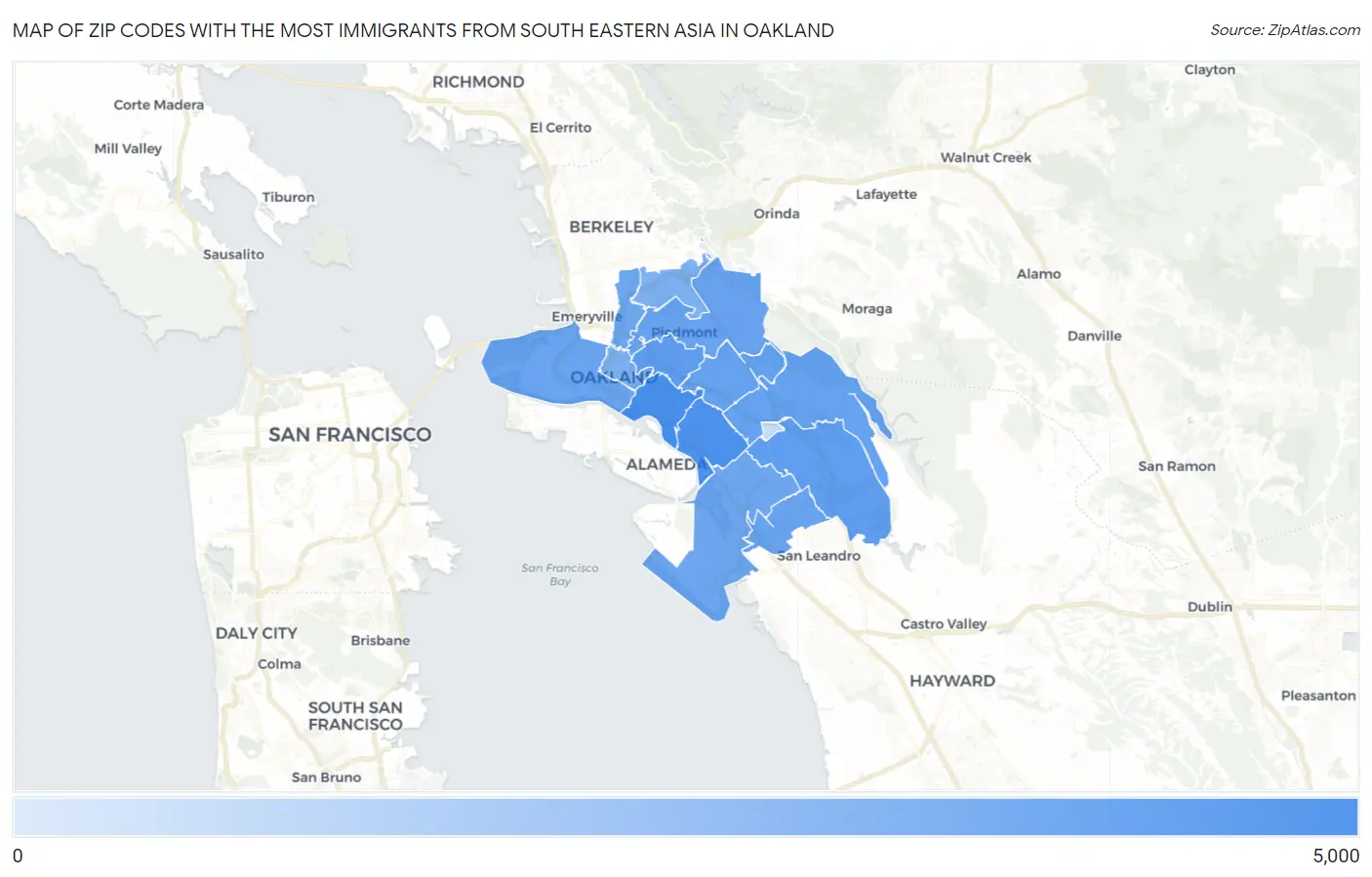 Zip Codes with the Most Immigrants from South Eastern Asia in Oakland Map