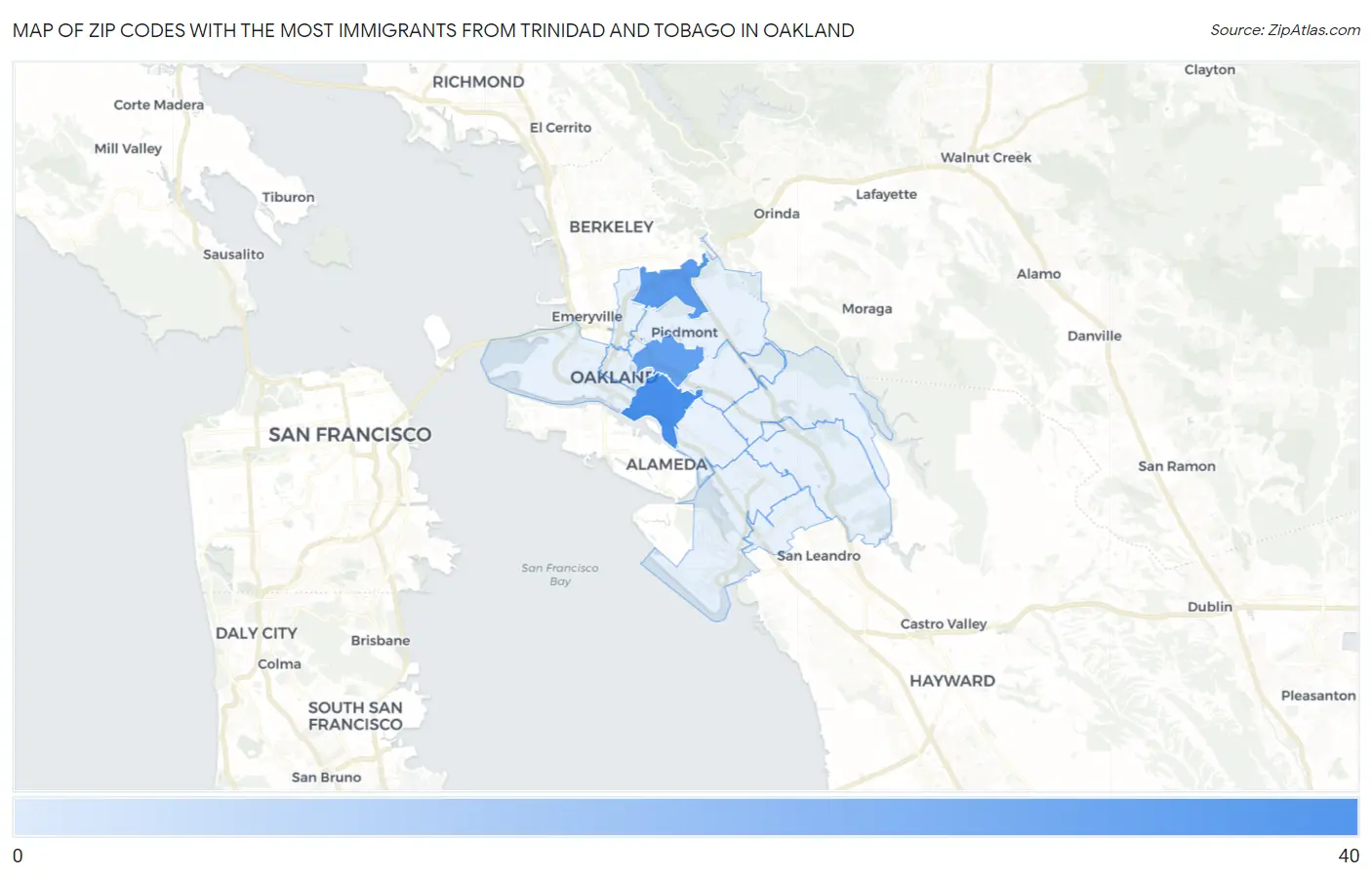 Zip Codes with the Most Immigrants from Trinidad and Tobago in Oakland Map
