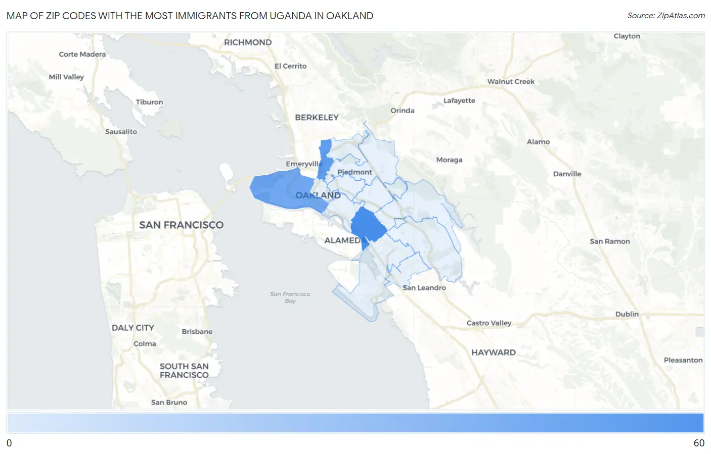 Zip Codes with the Most Immigrants from Uganda in Oakland Map