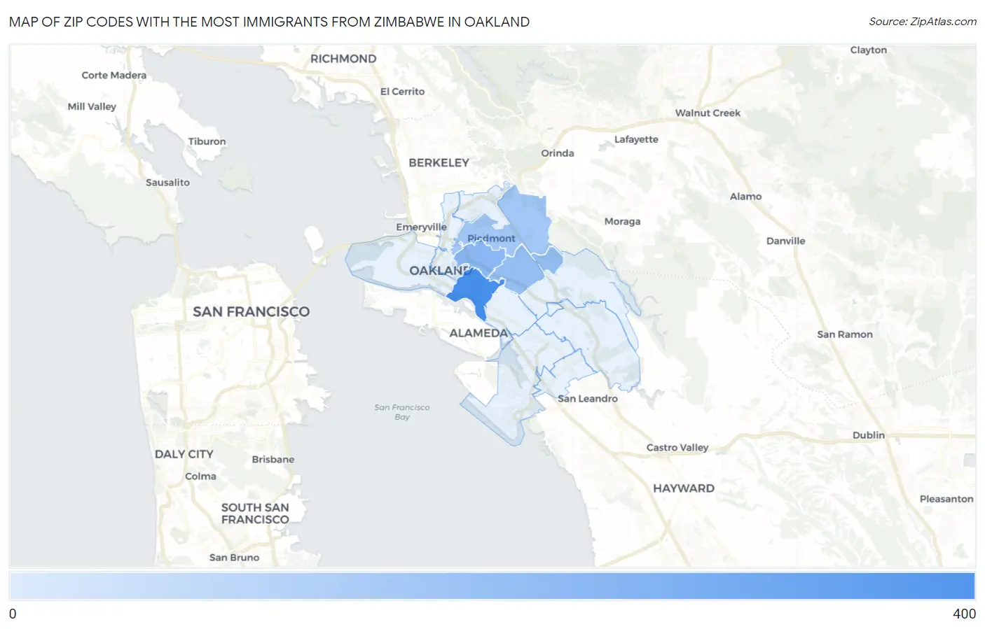 Zip Codes with the Most Immigrants from Zimbabwe in Oakland Map