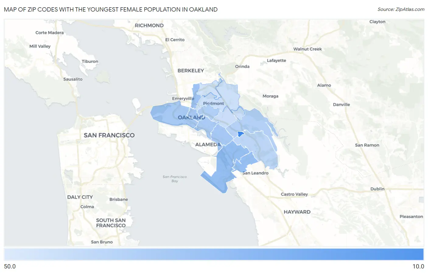 Zip Codes with the Youngest Female Population in Oakland Map