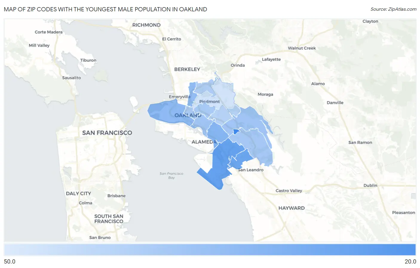 Zip Codes with the Youngest Male Population in Oakland Map