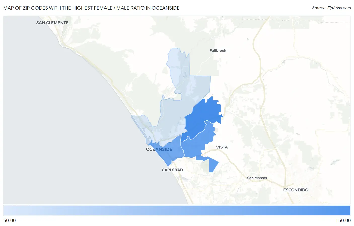 Zip Codes with the Highest Female / Male Ratio in Oceanside Map