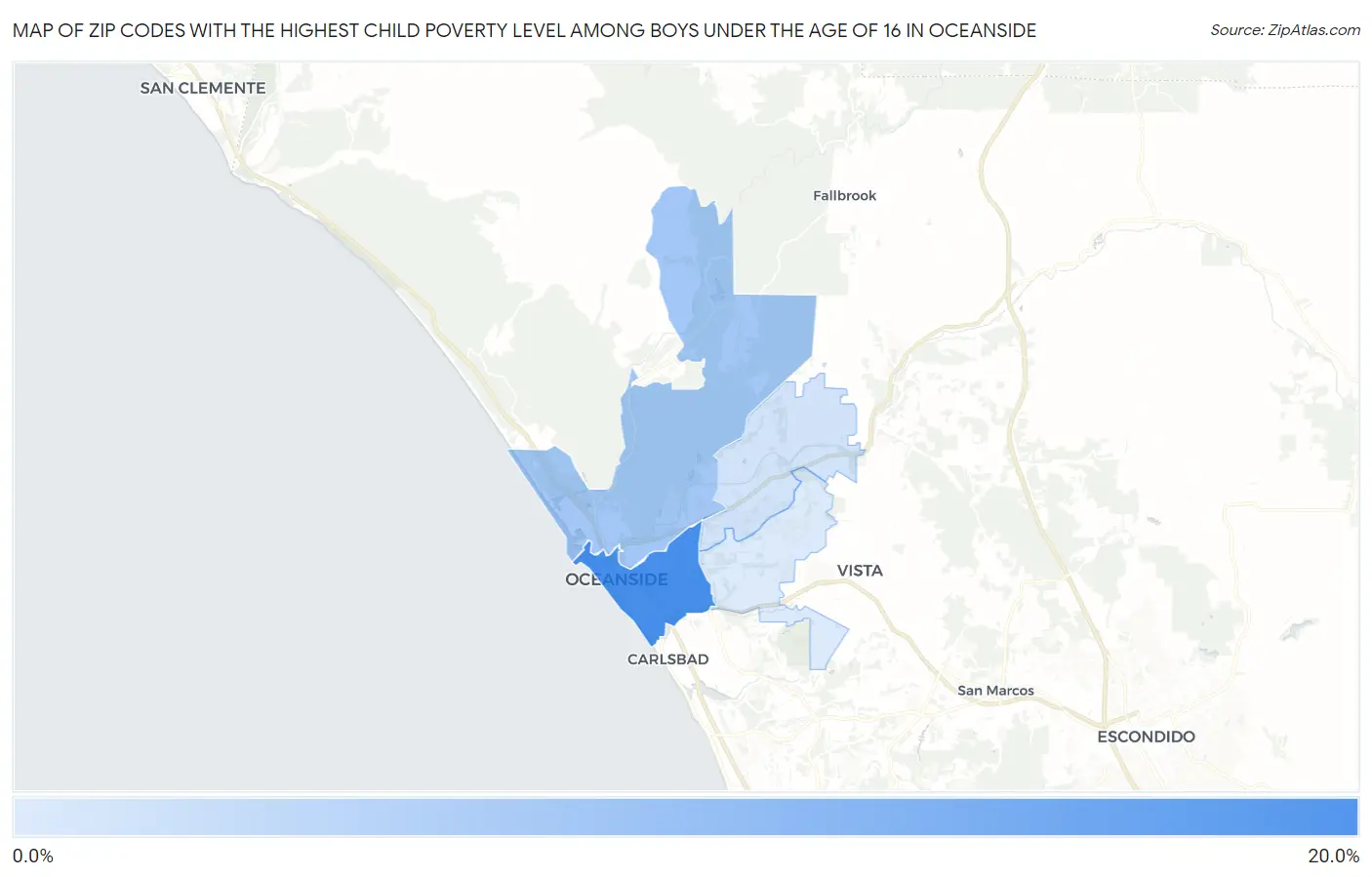 Zip Codes with the Highest Child Poverty Level Among Boys Under the Age of 16 in Oceanside Map