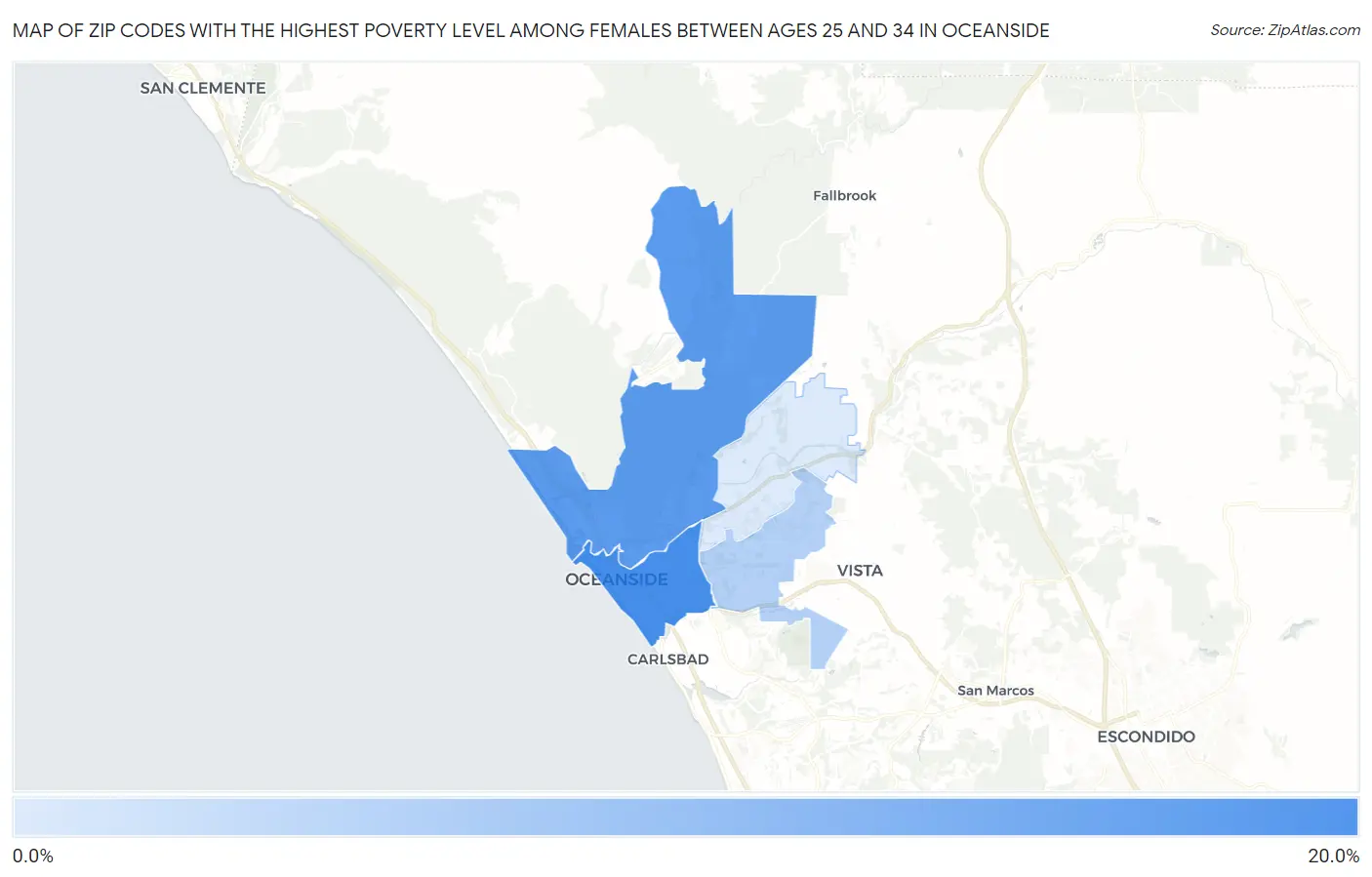 Zip Codes with the Highest Poverty Level Among Females Between Ages 25 and 34 in Oceanside Map