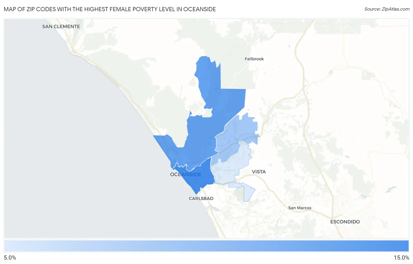 Zip Codes with the Highest Female Poverty Level in Oceanside Map