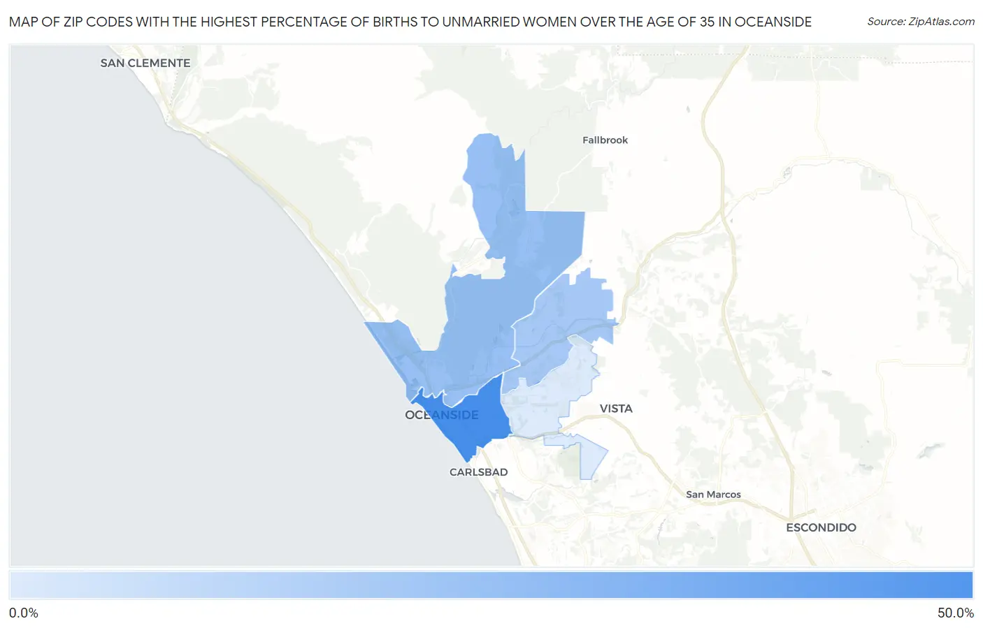 Zip Codes with the Highest Percentage of Births to Unmarried Women over the Age of 35 in Oceanside Map