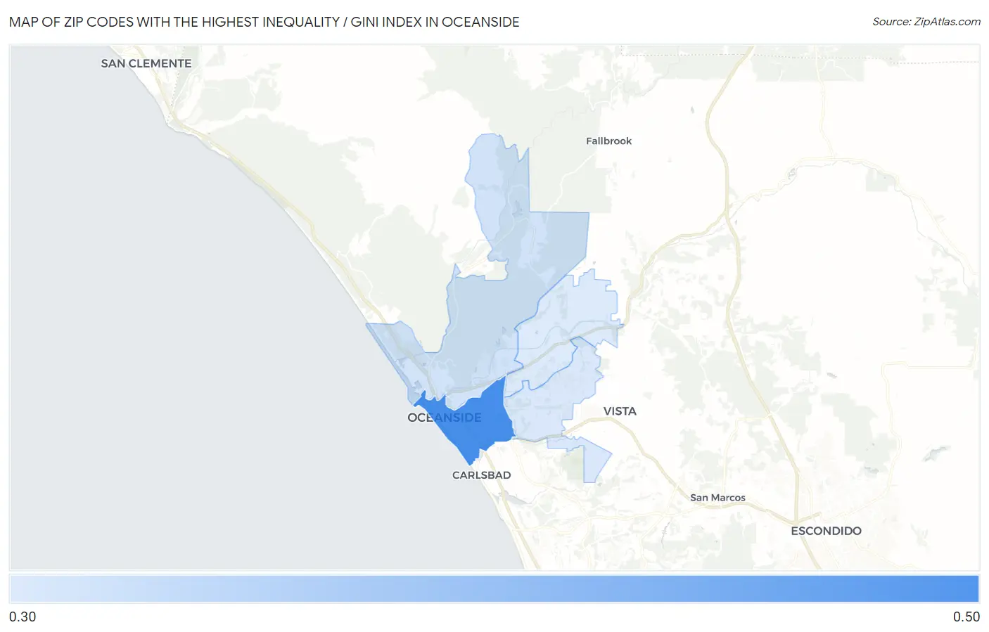 Zip Codes with the Highest Inequality / Gini Index in Oceanside Map
