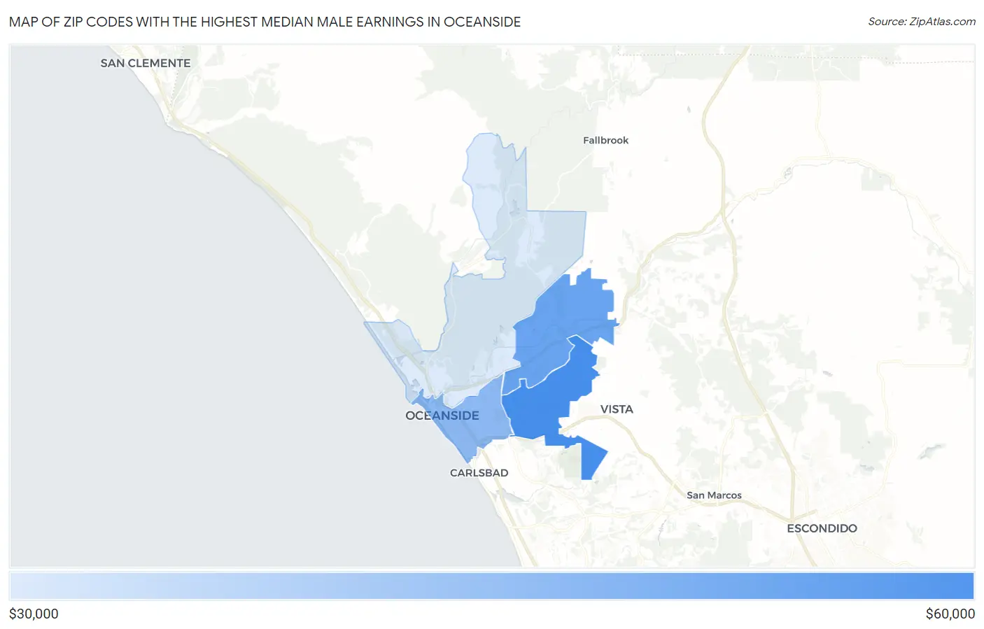 Zip Codes with the Highest Median Male Earnings in Oceanside Map