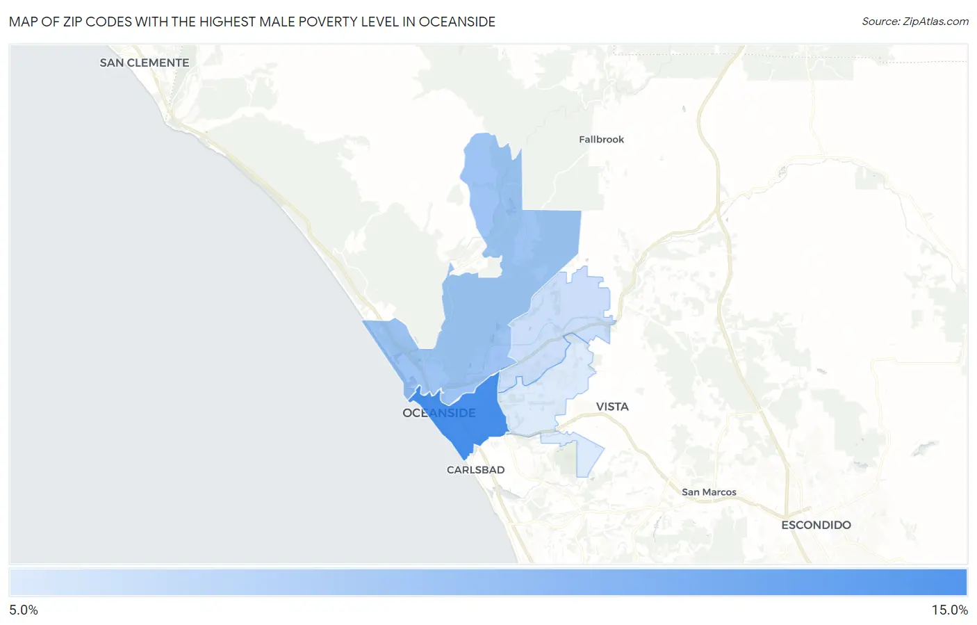 Zip Codes with the Highest Male Poverty Level in Oceanside Map