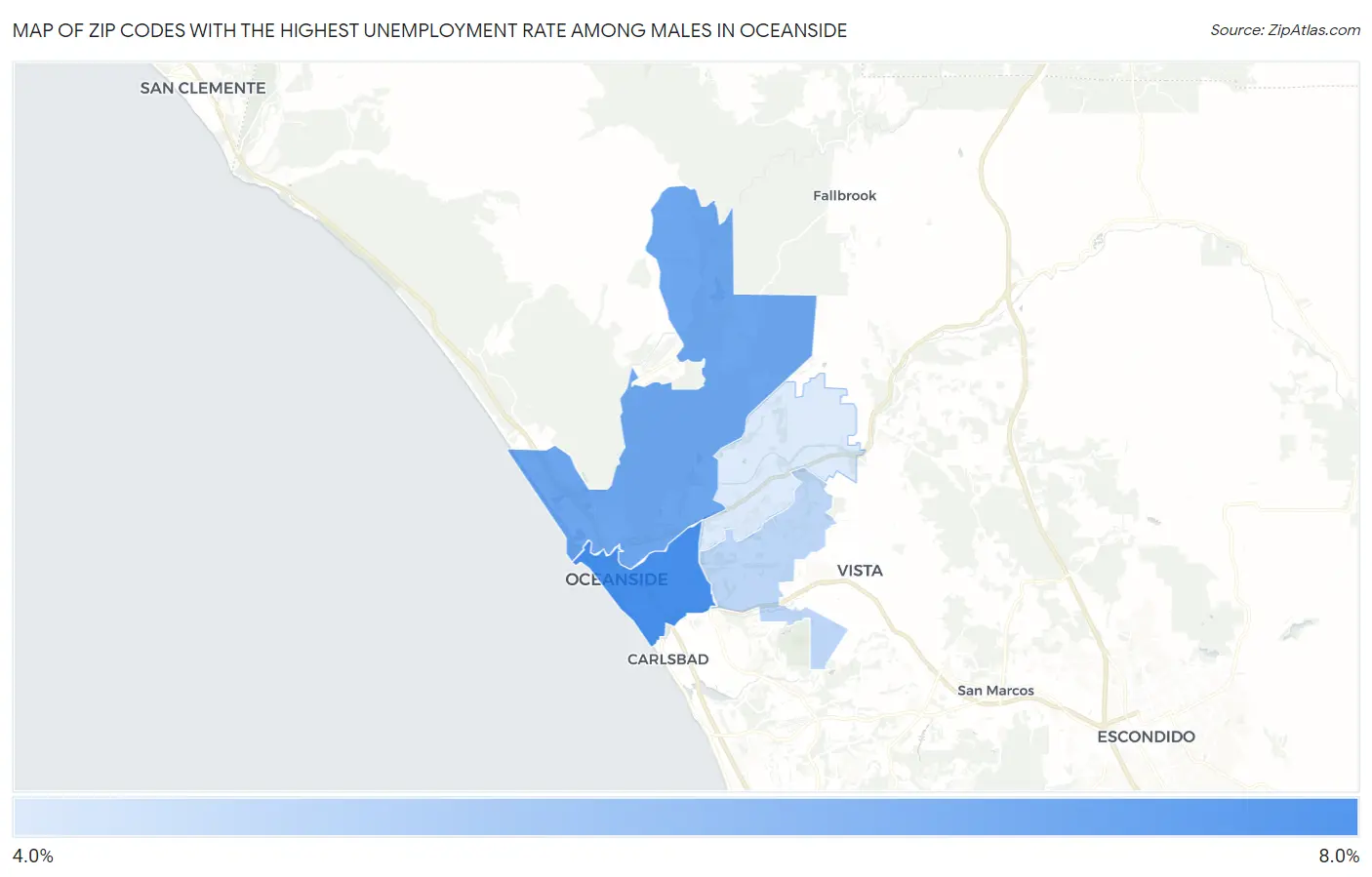 Zip Codes with the Highest Unemployment Rate Among Males in Oceanside Map