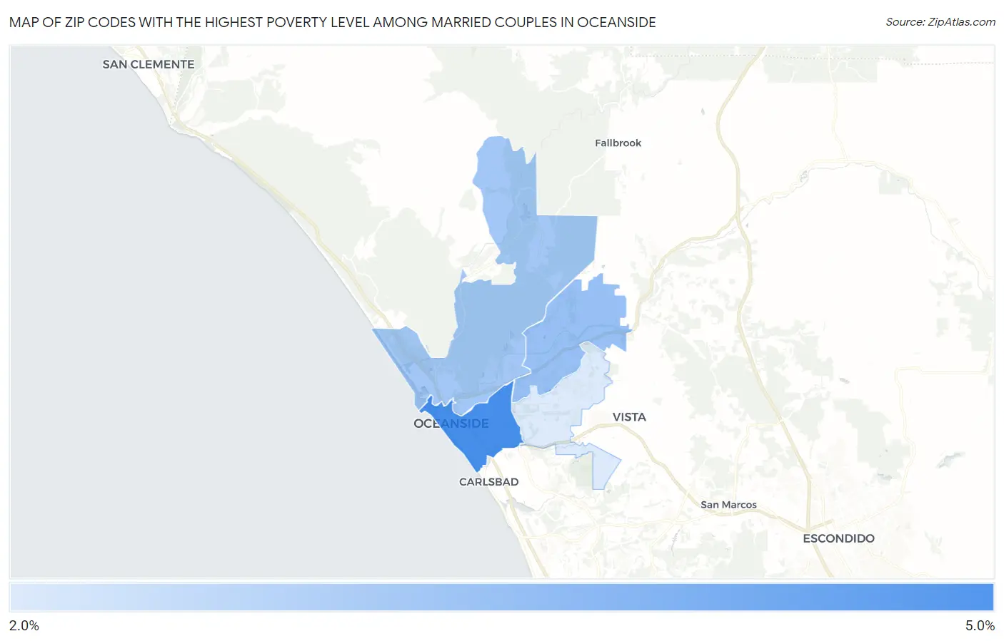 Zip Codes with the Highest Poverty Level Among Married Couples in Oceanside Map
