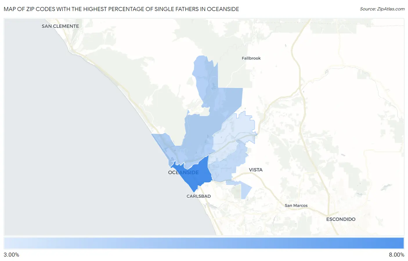Zip Codes with the Highest Percentage of Single Fathers in Oceanside Map