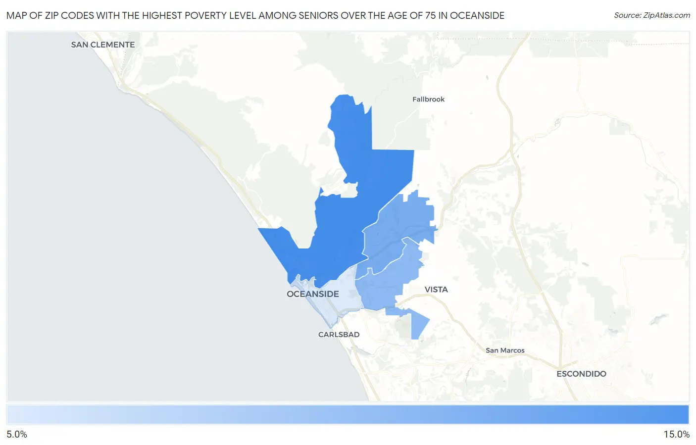 Zip Codes with the Highest Poverty Level Among Seniors Over the Age of 75 in Oceanside Map