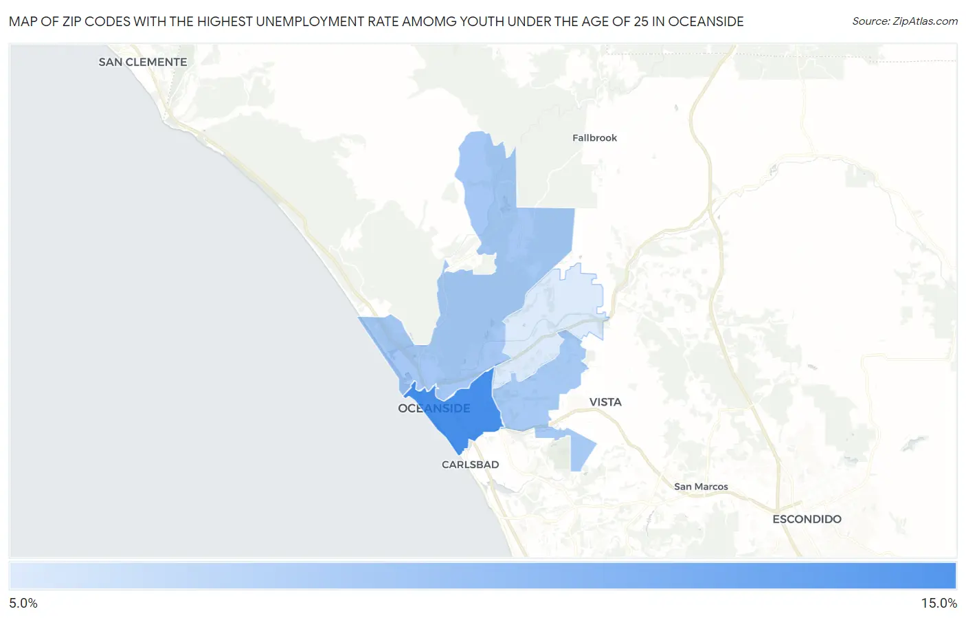 Zip Codes with the Highest Unemployment Rate Amomg Youth Under the Age of 25 in Oceanside Map