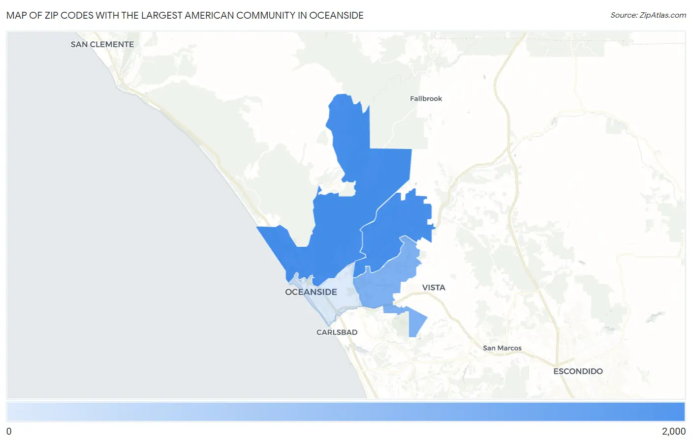 Zip Codes with the Largest American Community in Oceanside Map