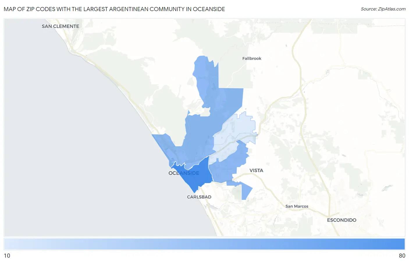 Zip Codes with the Largest Argentinean Community in Oceanside Map