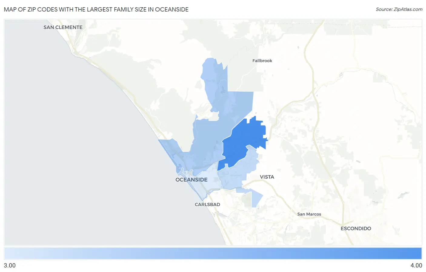 Zip Codes with the Largest Family Size in Oceanside Map