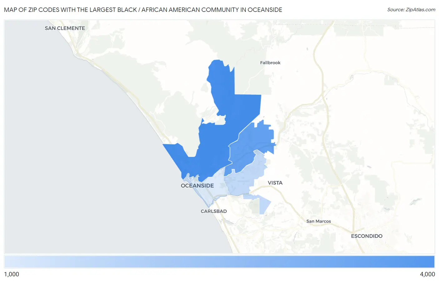 Zip Codes with the Largest Black / African American Community in Oceanside Map
