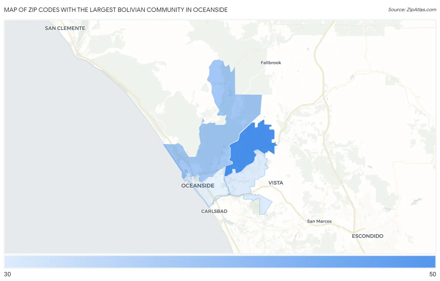 Zip Codes with the Largest Bolivian Community in Oceanside Map
