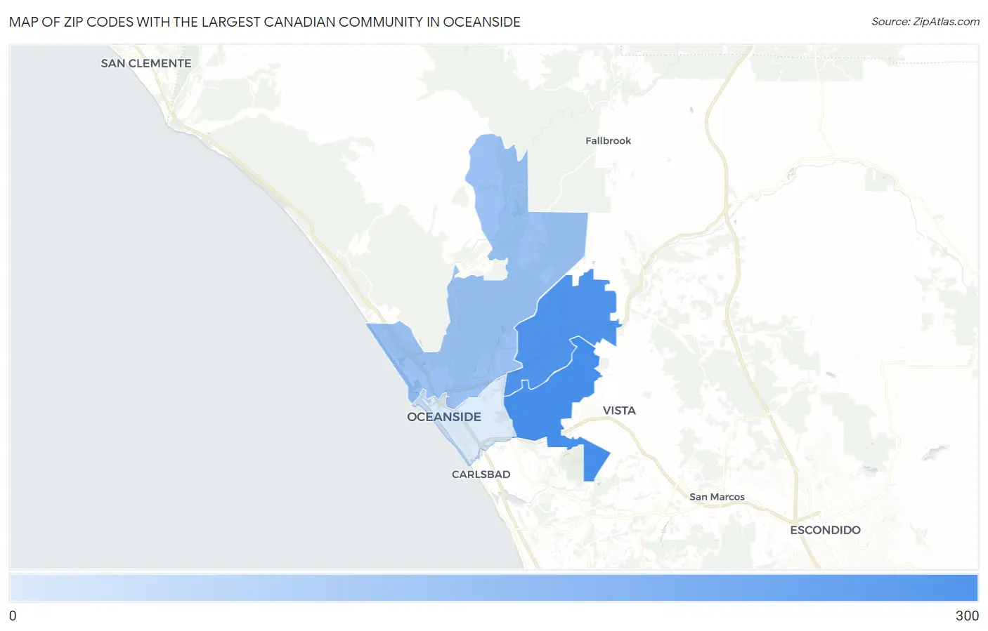 Zip Codes with the Largest Canadian Community in Oceanside Map