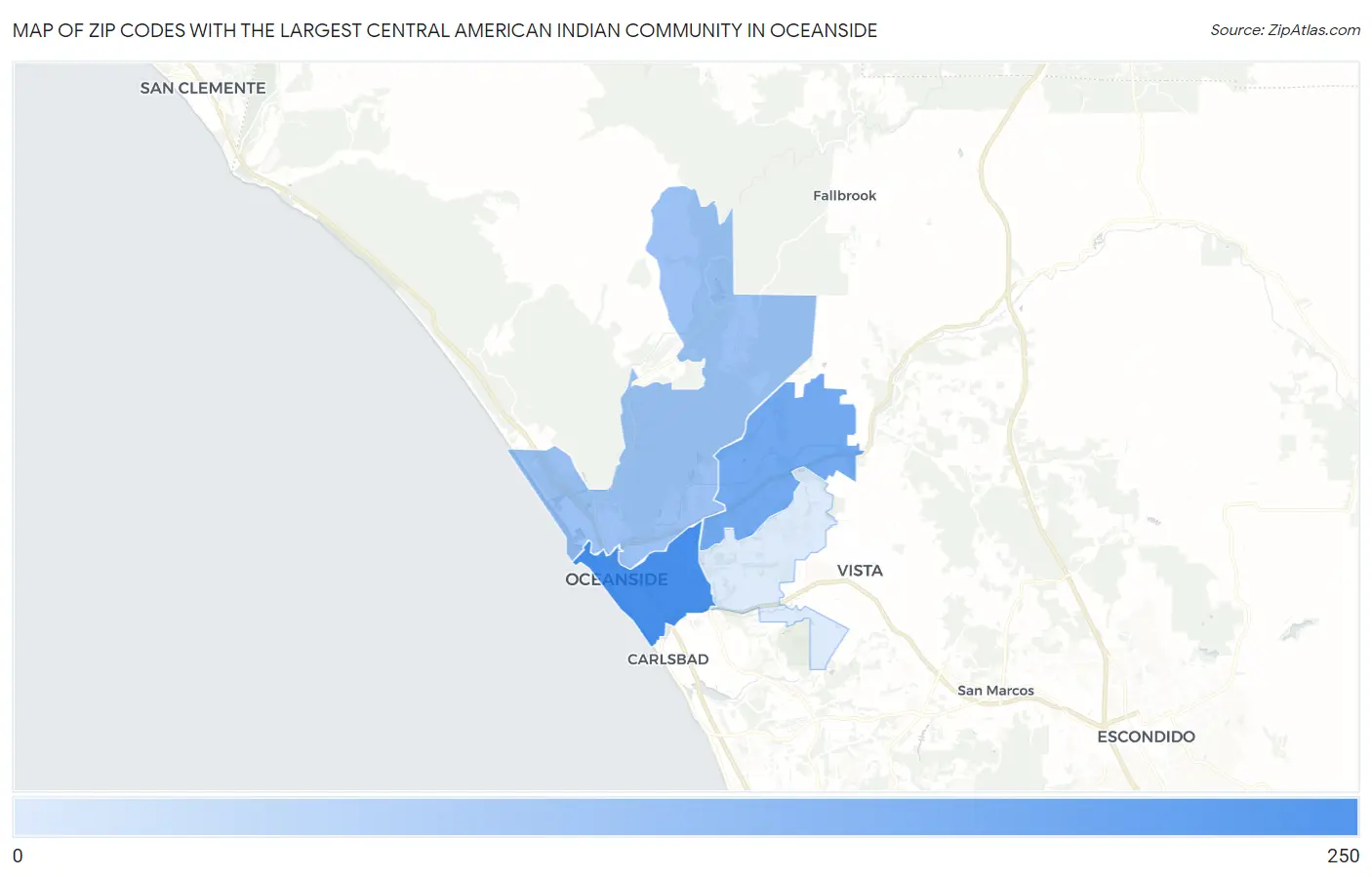 Zip Codes with the Largest Central American Indian Community in Oceanside Map