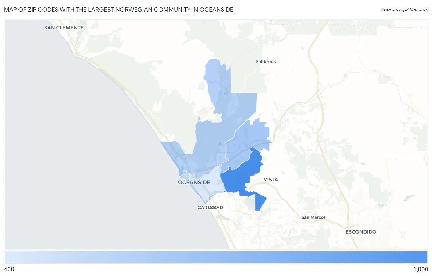 Zip Codes with the Largest Norwegian Community in Oceanside Map