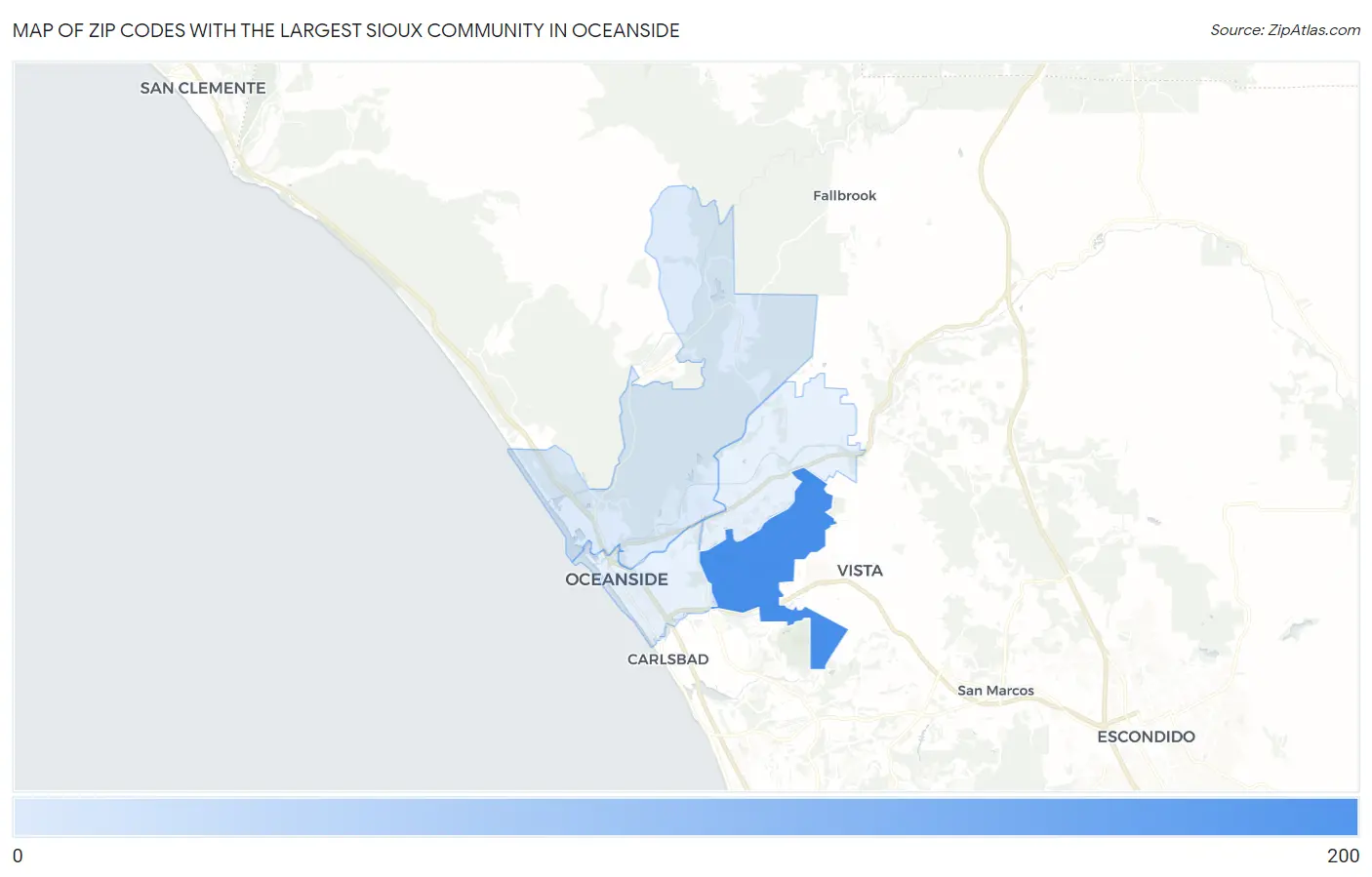 Zip Codes with the Largest Sioux Community in Oceanside Map