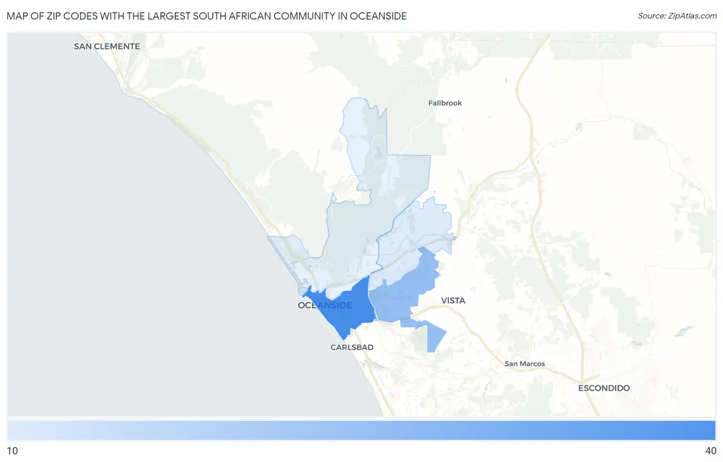 Zip Codes with the Largest South African Community in Oceanside Map