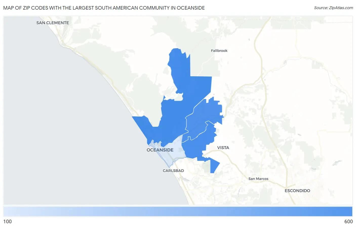 Zip Codes with the Largest South American Community in Oceanside Map