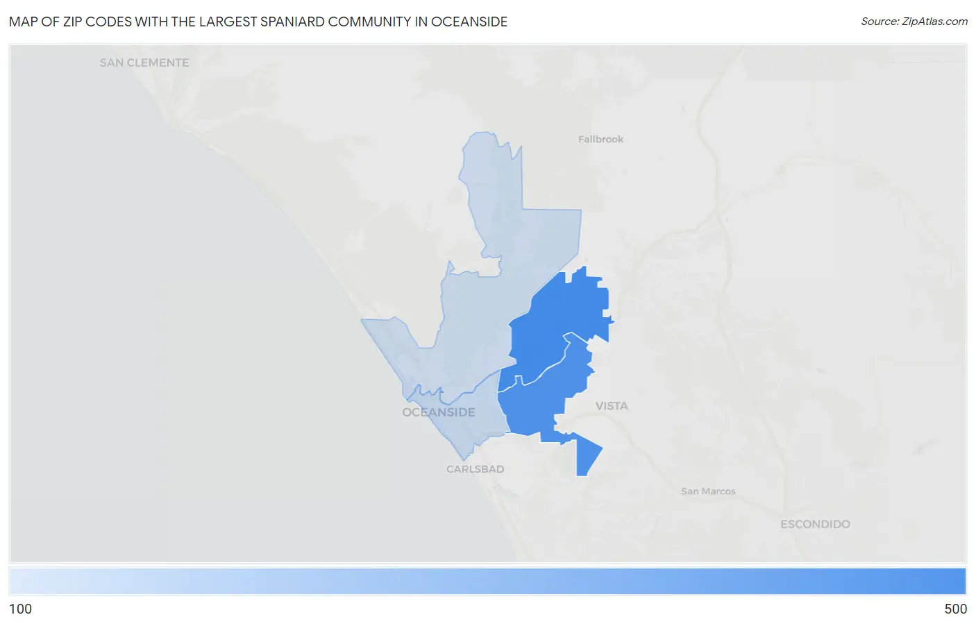 Zip Codes with the Largest Spaniard Community in Oceanside Map