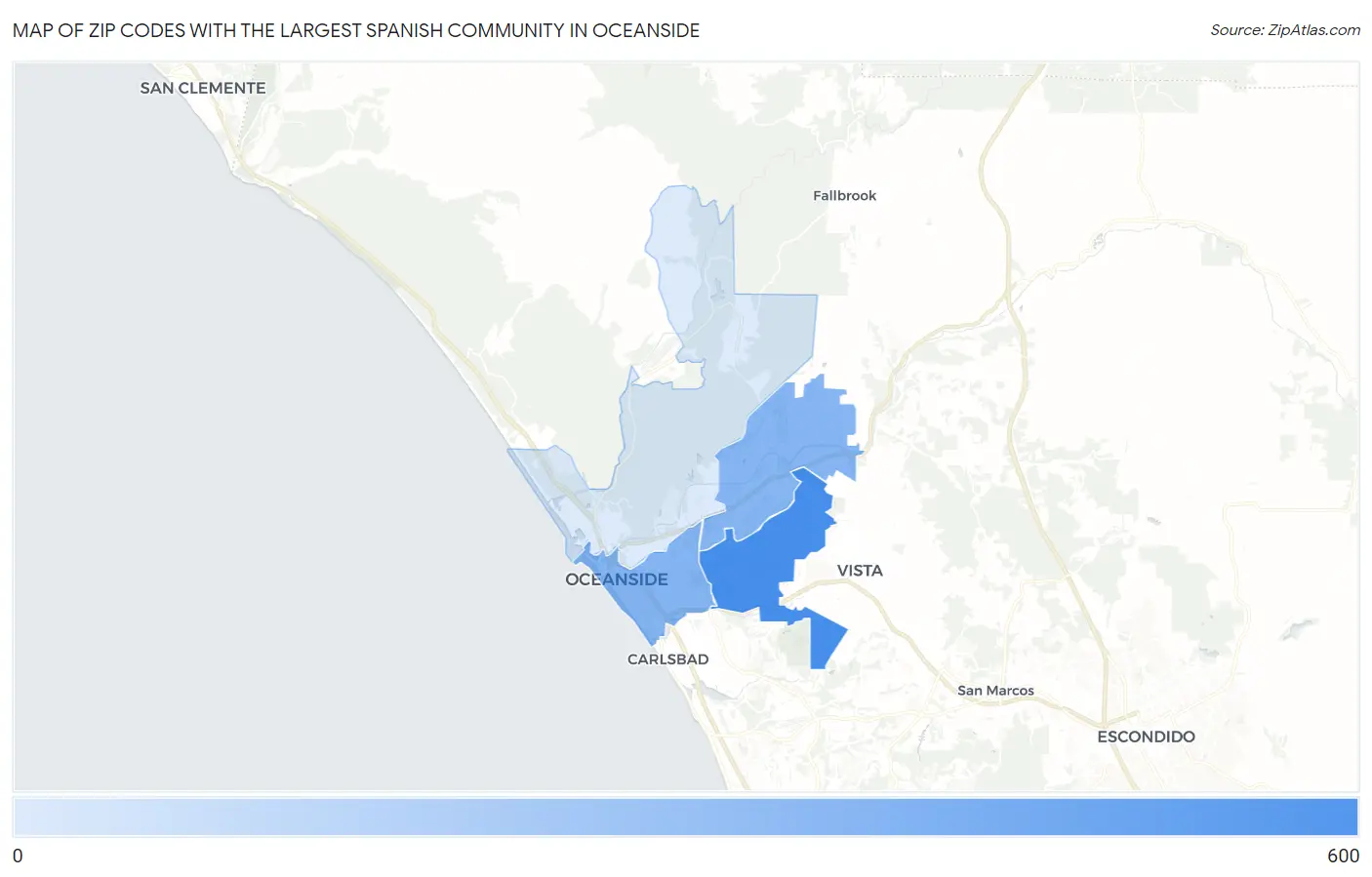 Zip Codes with the Largest Spanish Community in Oceanside Map