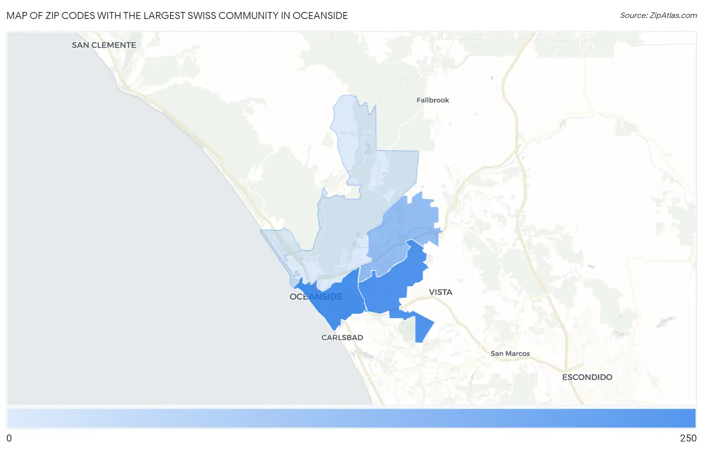 Zip Codes with the Largest Swiss Community in Oceanside Map