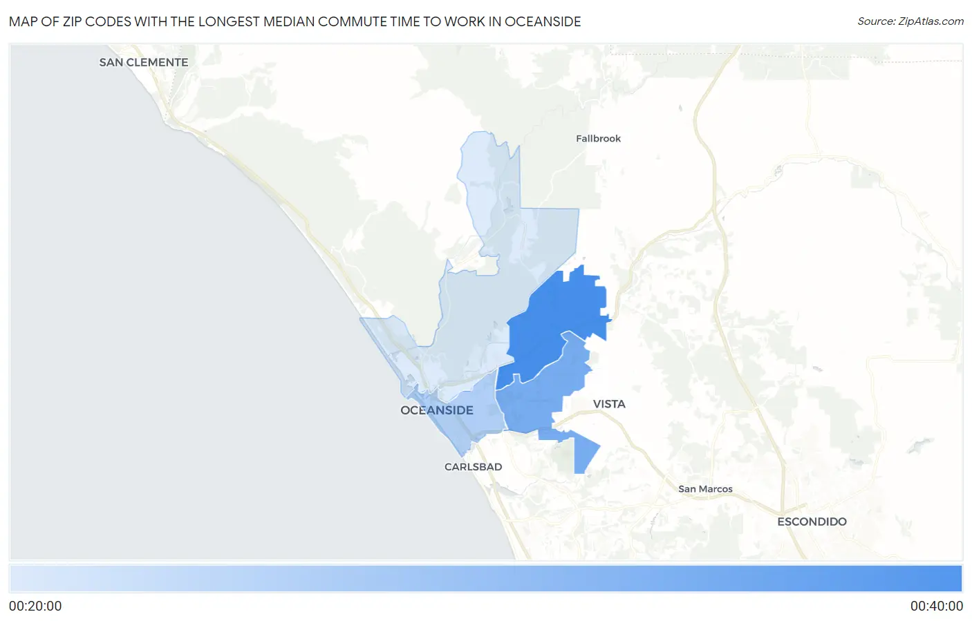 Zip Codes with the Longest Median Commute Time to Work in Oceanside Map
