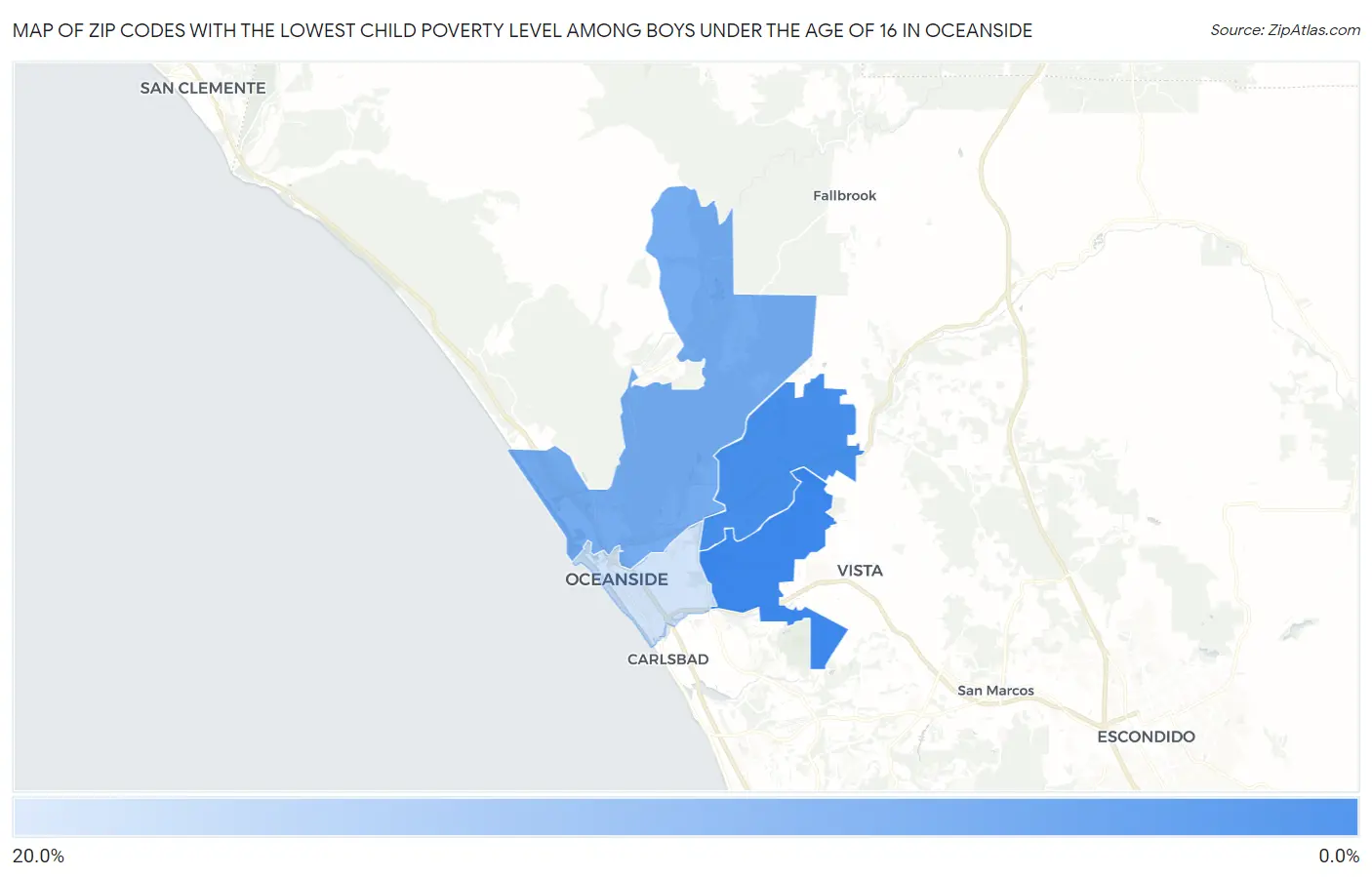 Zip Codes with the Lowest Child Poverty Level Among Boys Under the Age of 16 in Oceanside Map